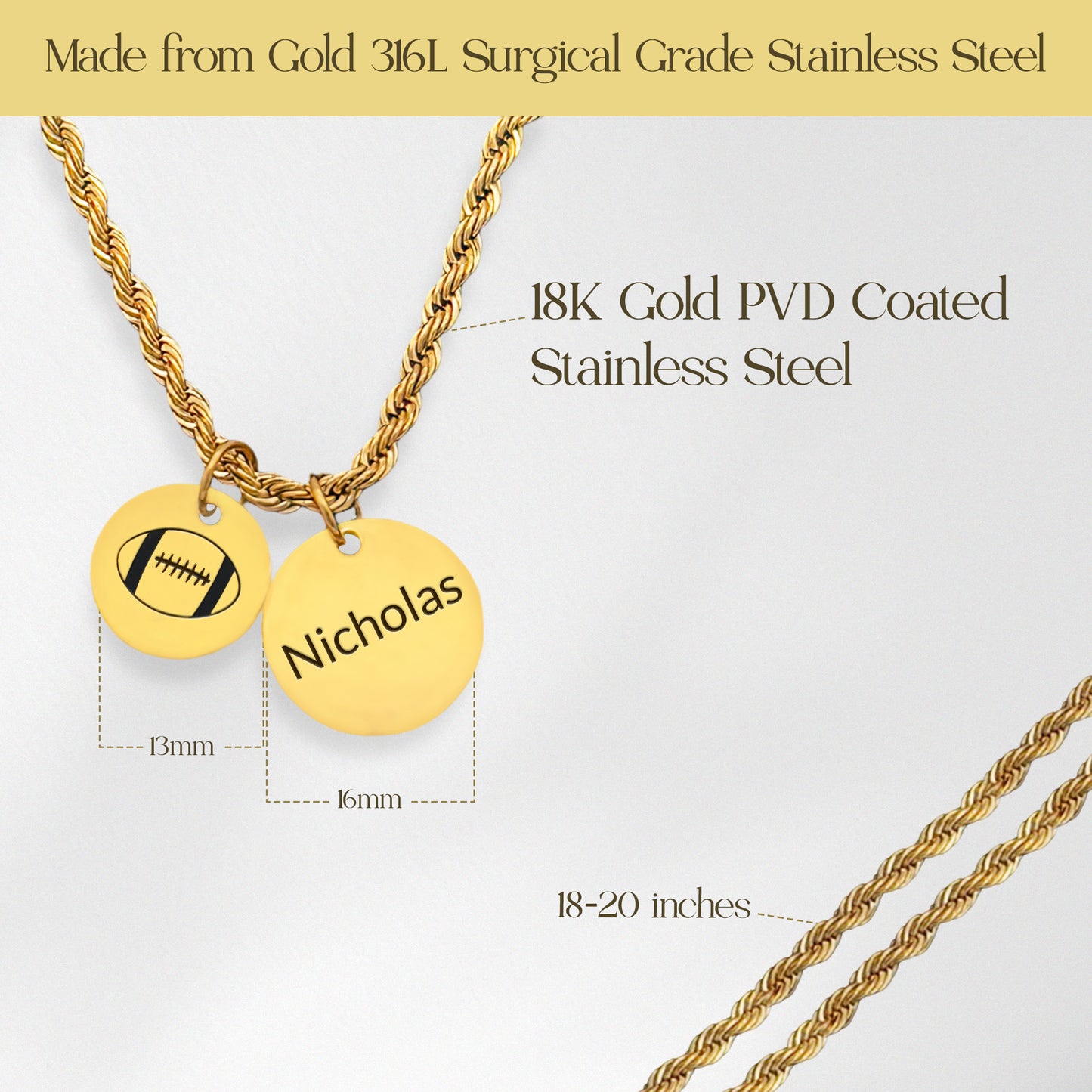 Football - Personalized Gold Two Charm Football Necklace