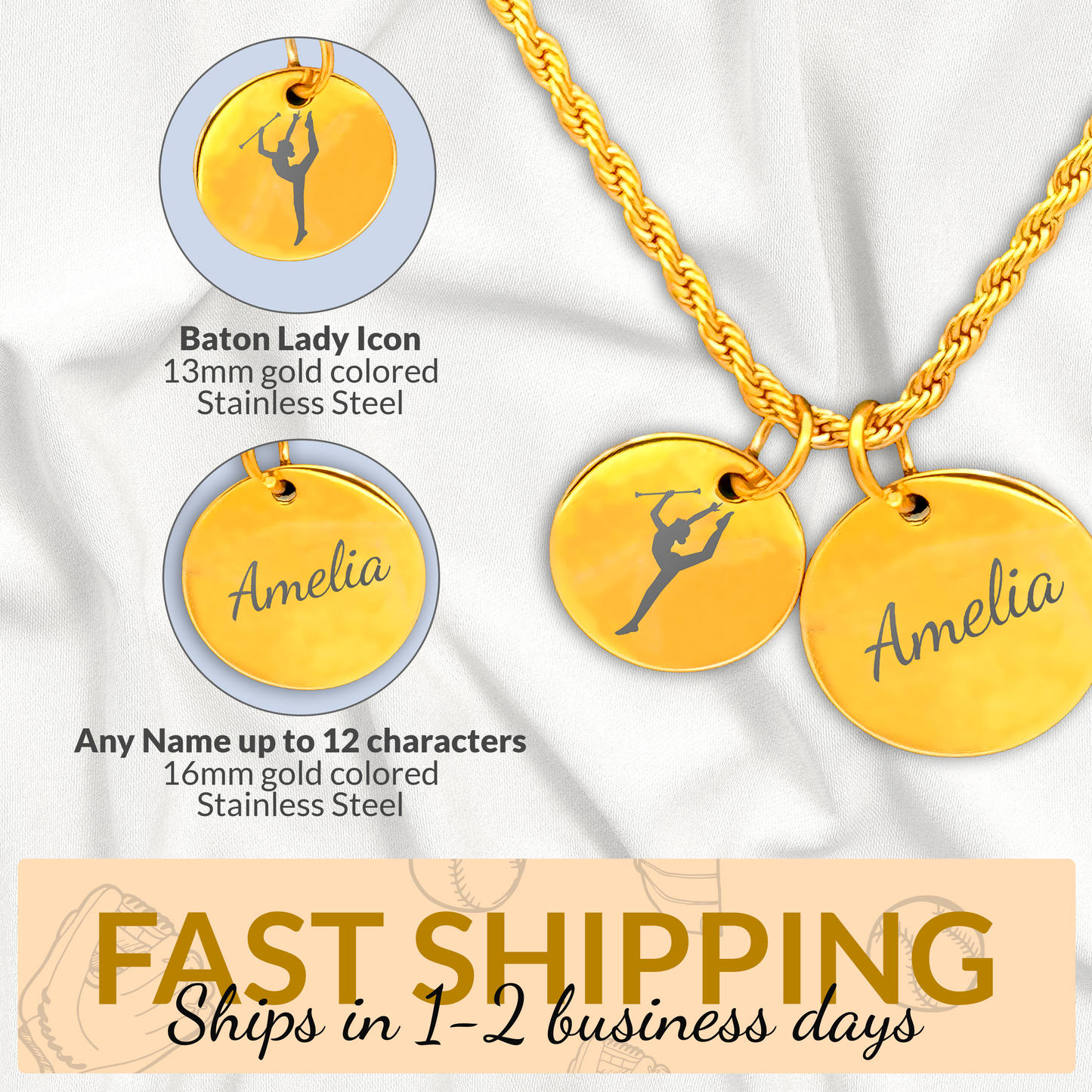 Baton Twirling - Personalized Gold Two Charm Baton Twirler Necklace