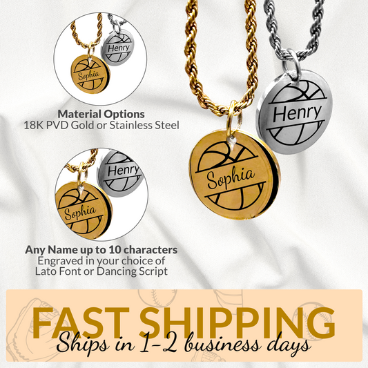 Personalized basketball necklaces with engraved names on a white fabric background