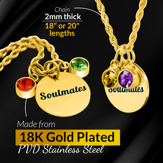 Gold necklaces with 'Soulmates' pendants on a black background