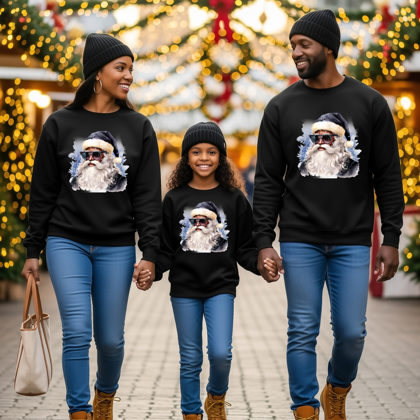 Youth Blue Hat Sunglasses Black Santa Crewneck Sweatshirt