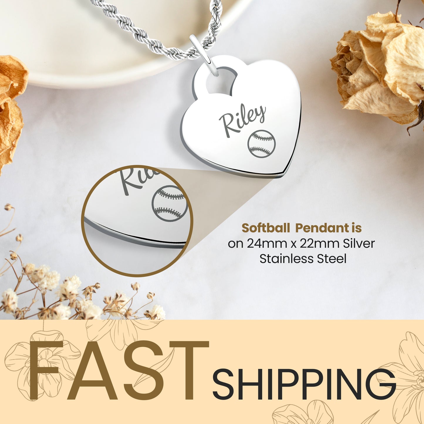 Softball - Personalized Silver Softball Rope Heart Necklace