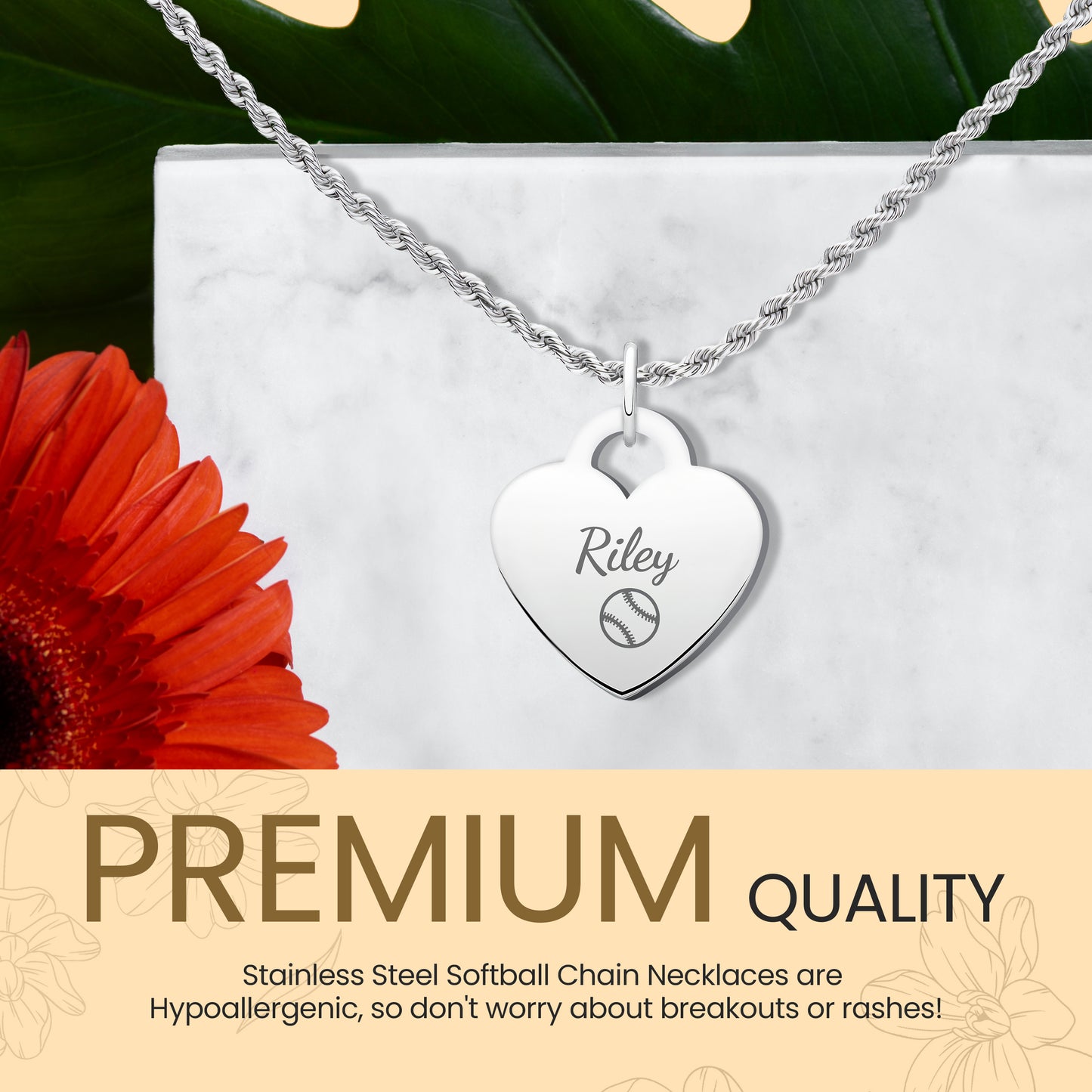 Softball - Personalized Silver Softball Rope Heart Necklace