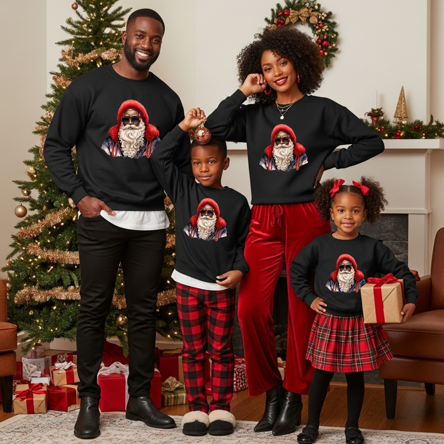 Youth Red Hat Sunglasses Black Santa Crewneck Sweatshirt