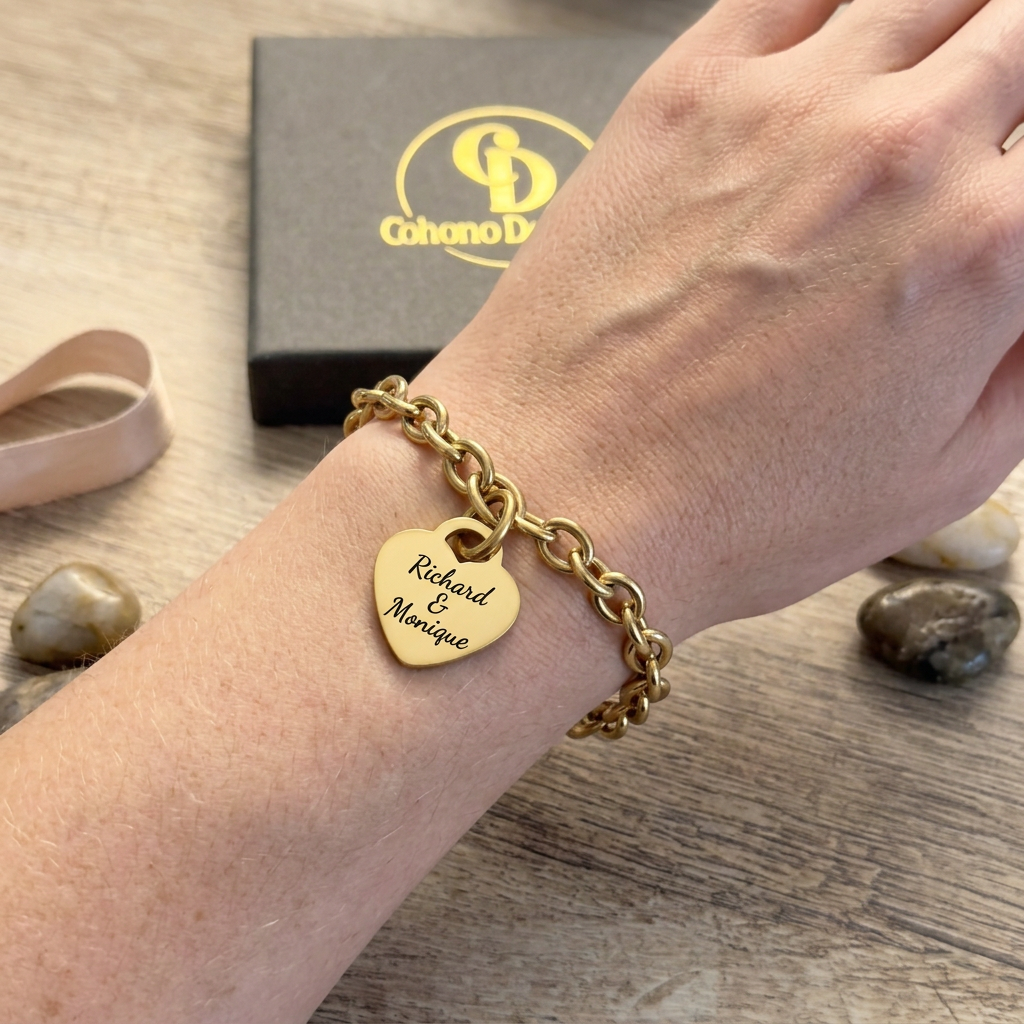 18K Gold PVD Personalized Stainless Steel Heart Bracelet — 7", 8", or 9"