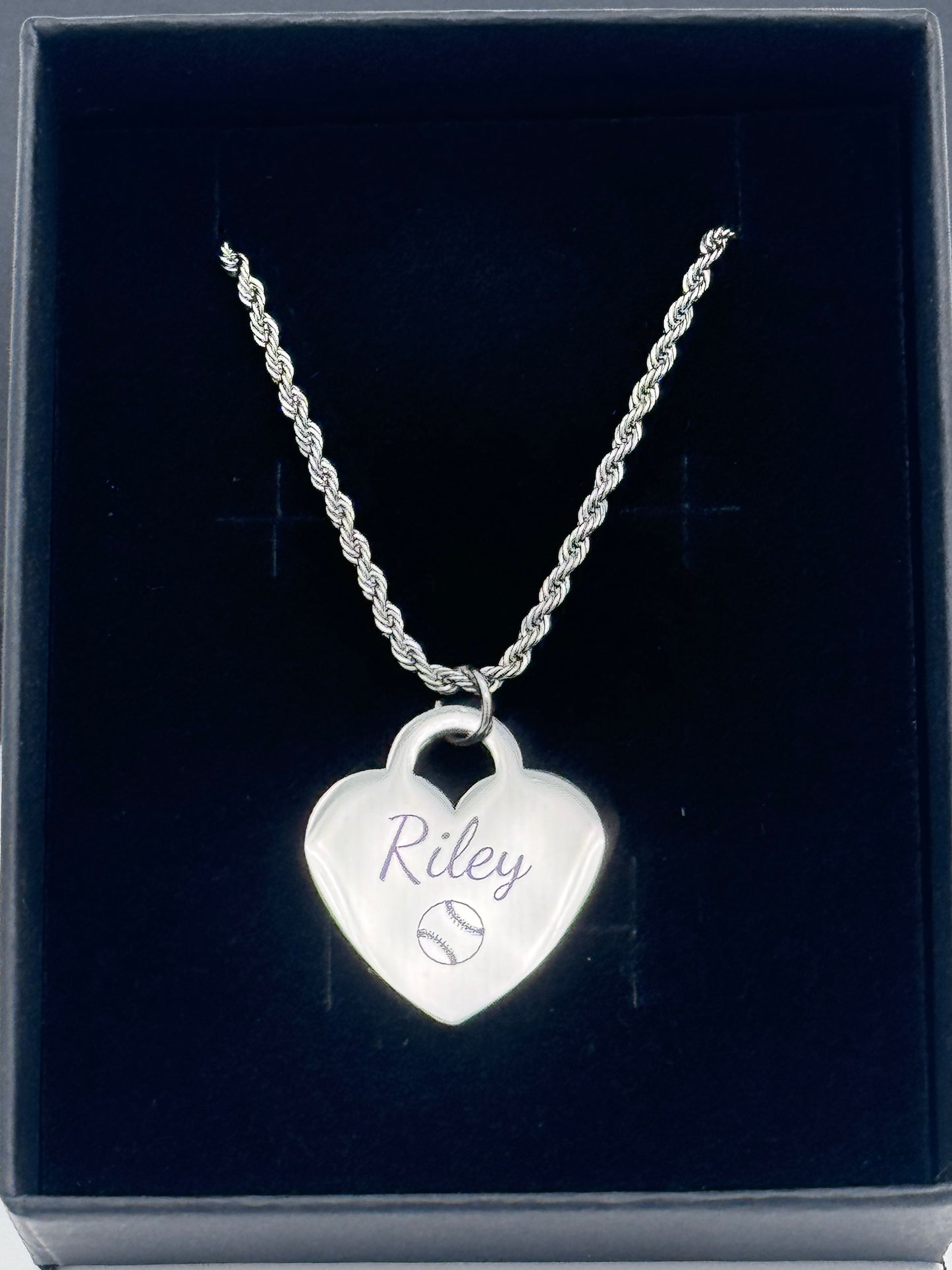 Softball - Personalized Silver Softball Rope Heart Necklace