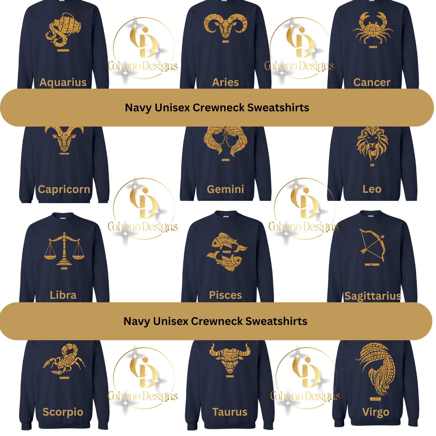 Navy unisex crewneck sweatshirts with zodiac symbols and designs on a white background.