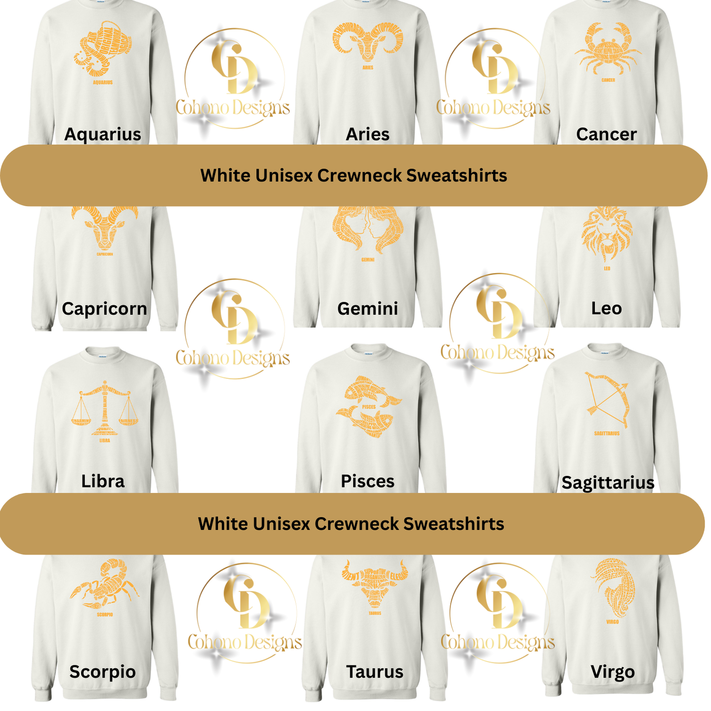 White unisex crewneck sweatshirts with zodiac symbols and designs on a white background.