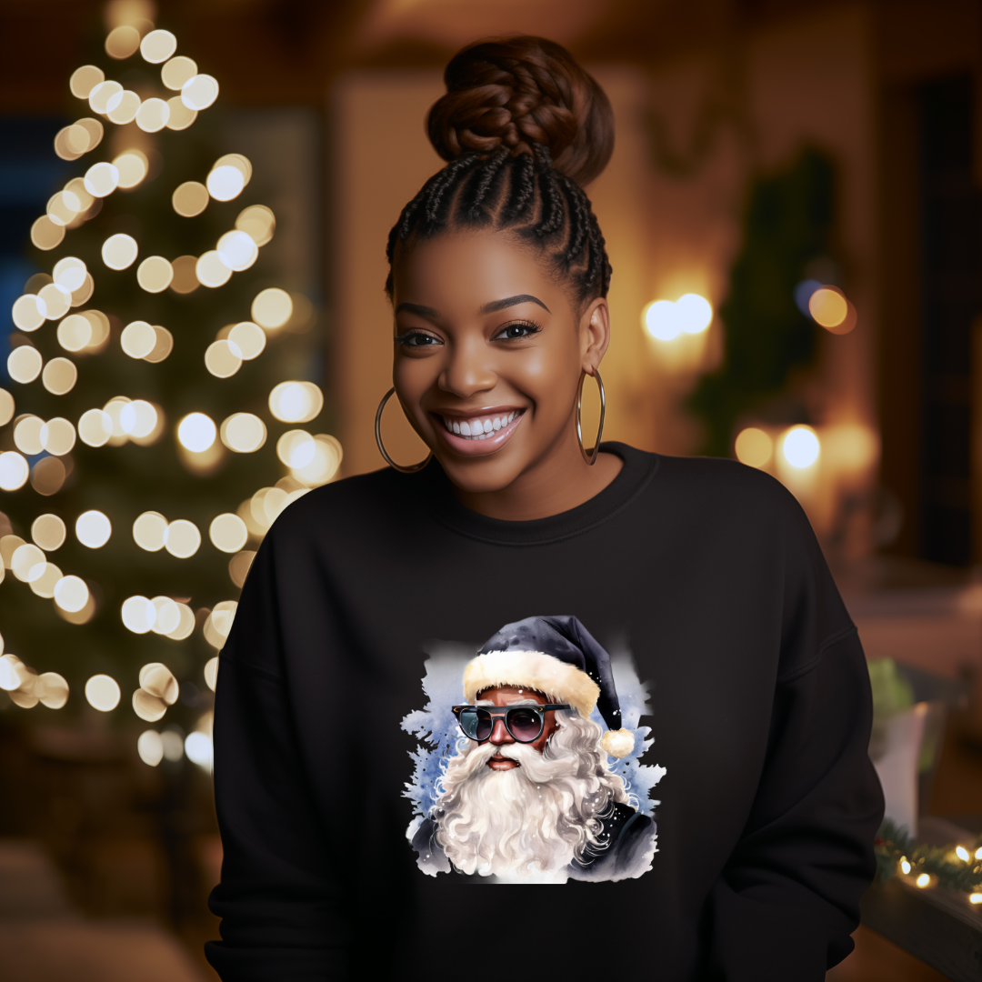 Blue Hat Sunglasses Black Santa Unisex Crewneck Sweatshirt