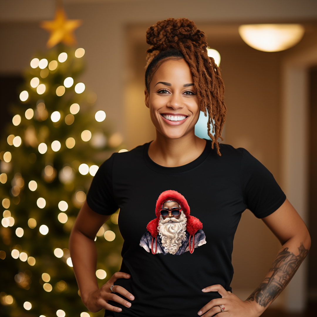 Red Hat Sunglasses Black Santa T-Shirt Adult