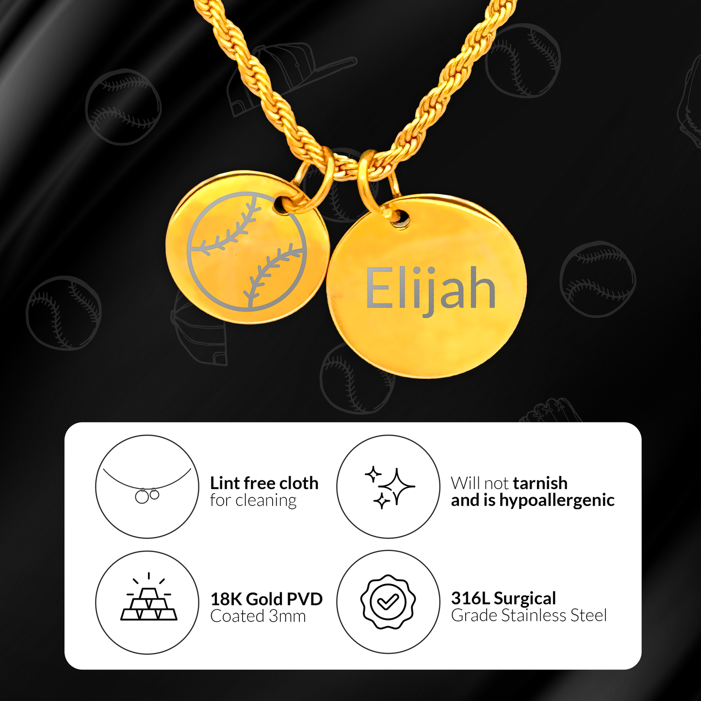 Baseball - Personalized Gold Two Charm Baseball Necklace