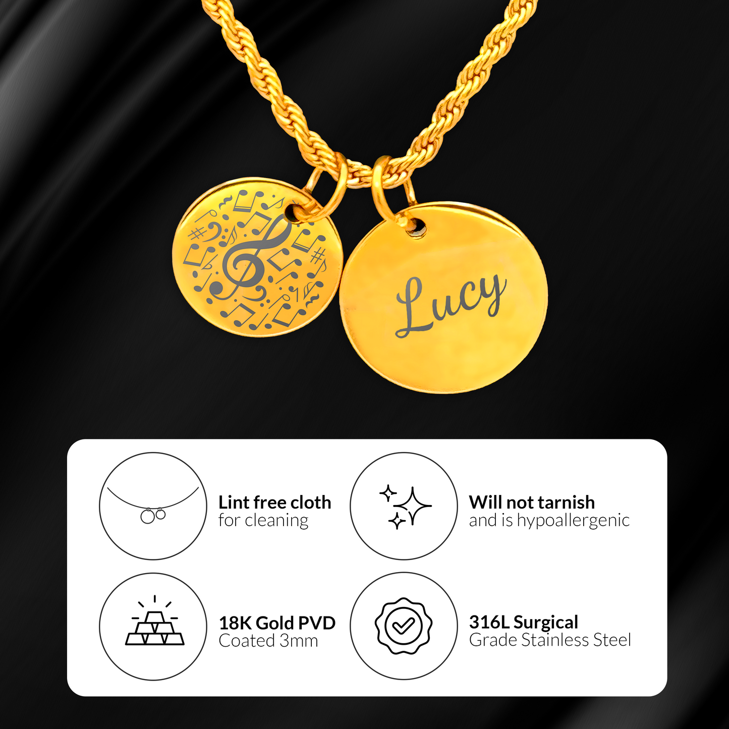 Music Lovers - Personalized Gold Two Charm Music Lover's Necklace