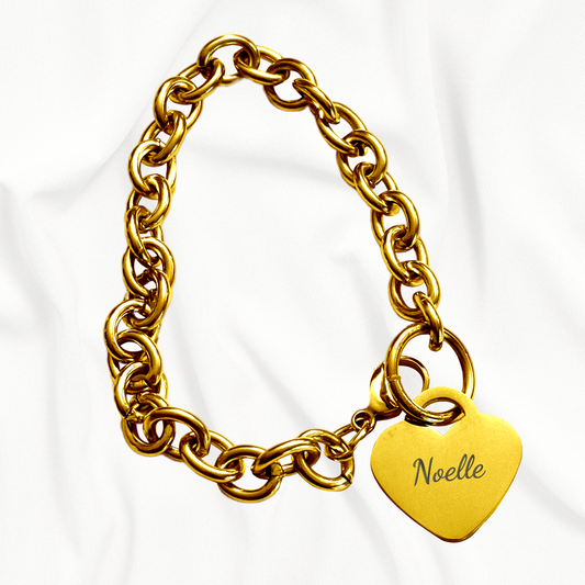 18K Gold PVD Personalized Stainless Steel Heart Bracelet — 7", 8", or 9"