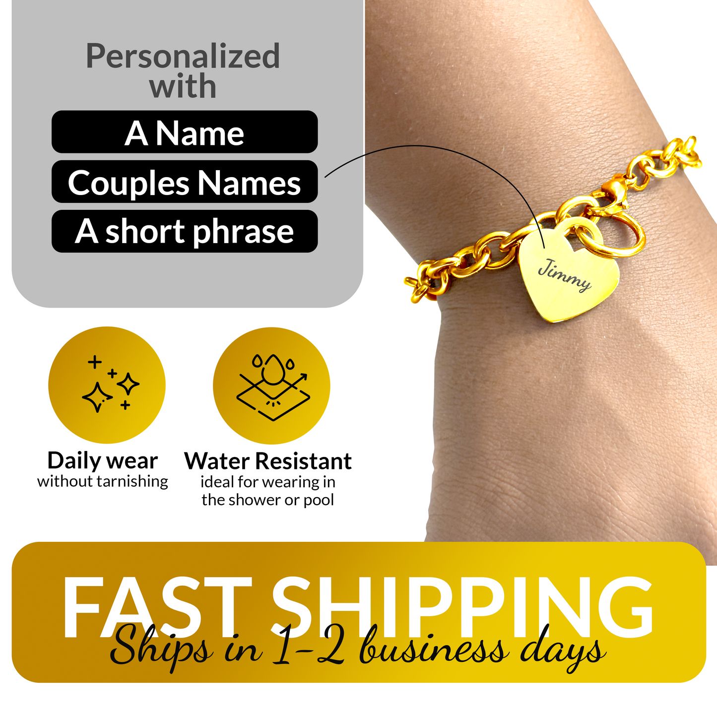 18K Gold PVD Personalized Stainless Steel Heart Bracelet — 7", 8", or 9"