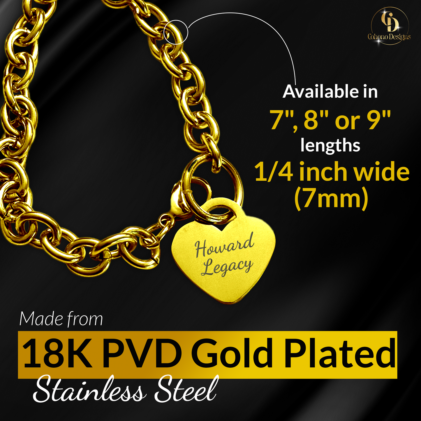 18K Gold PVD Personalized Stainless Steel Heart Bracelet — 7", 8", or 9"