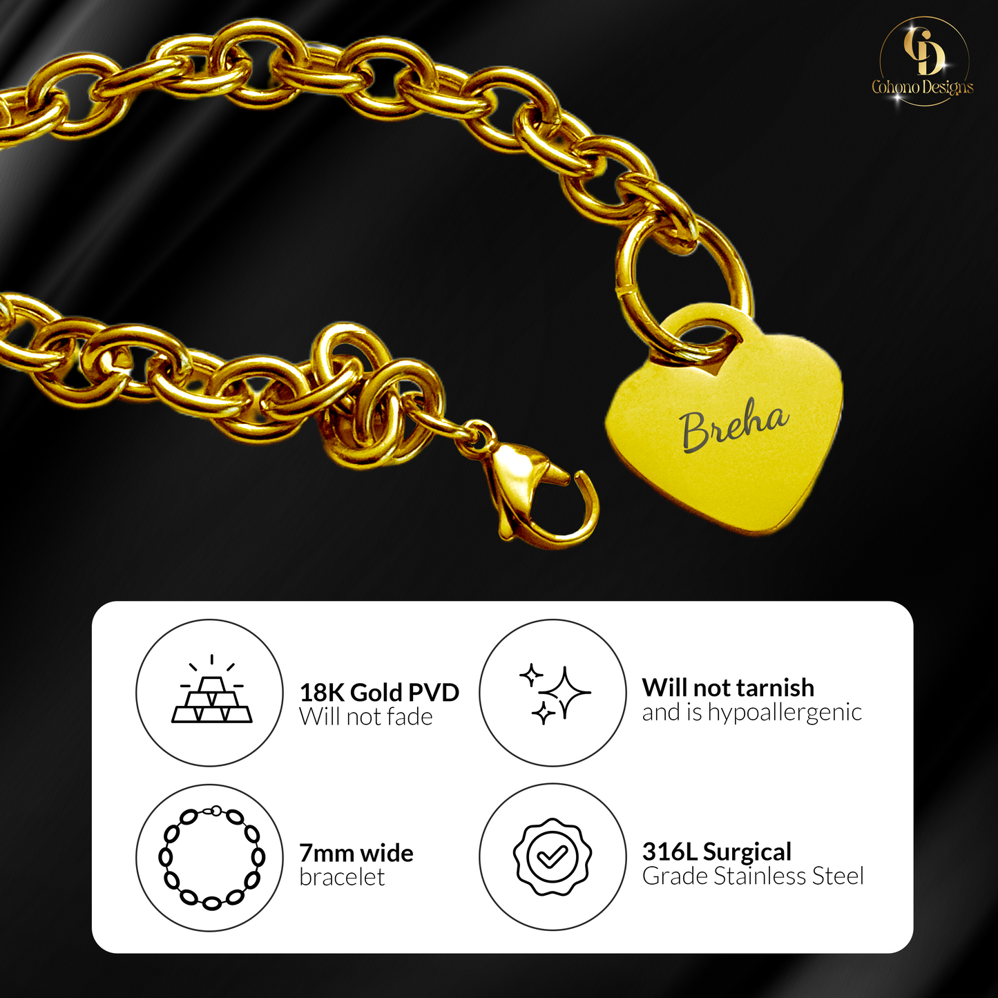 18K Gold PVD Personalized Stainless Steel Heart Bracelet — 7", 8", or 9"