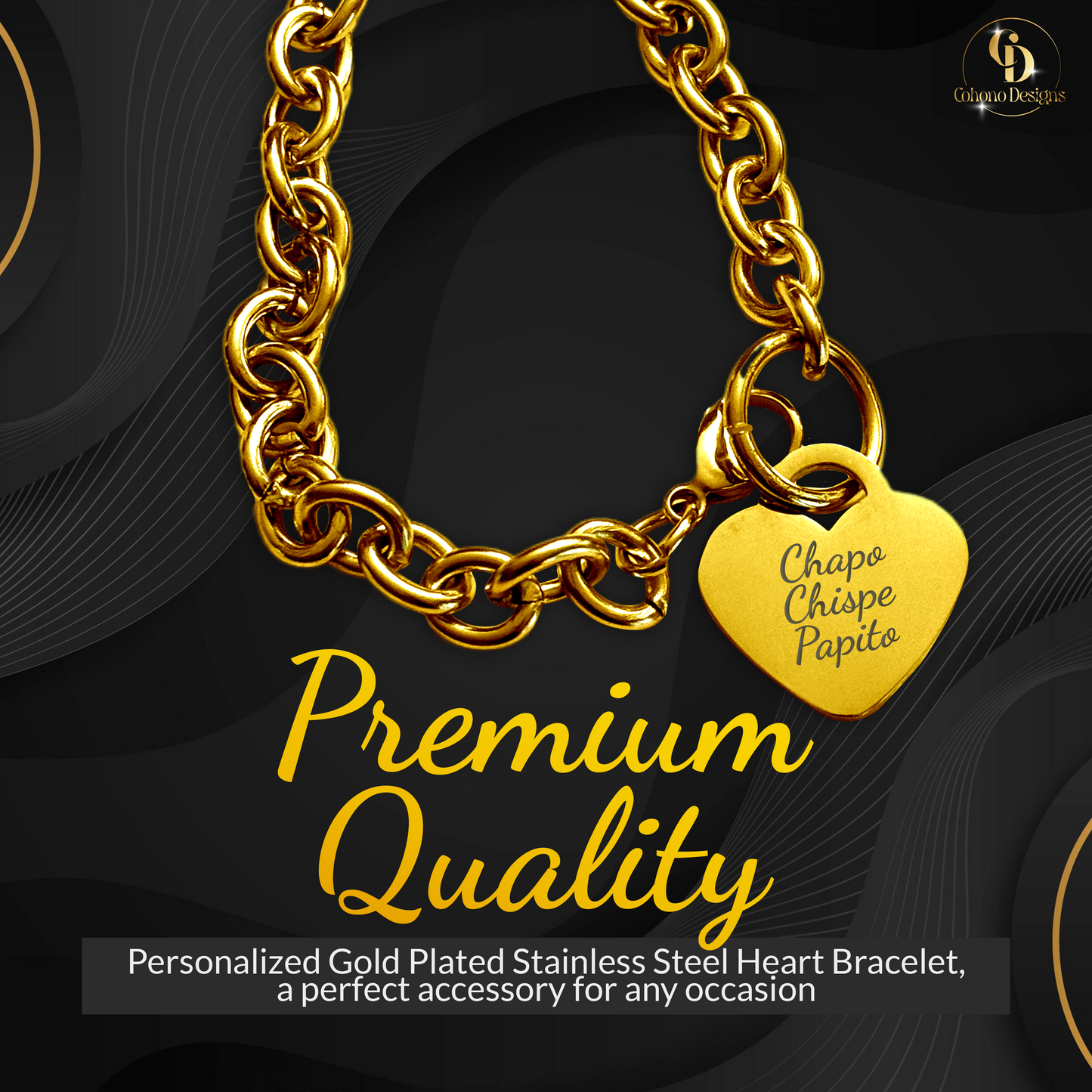 18K Gold PVD Personalized Stainless Steel Heart Bracelet — 7", 8", or 9"