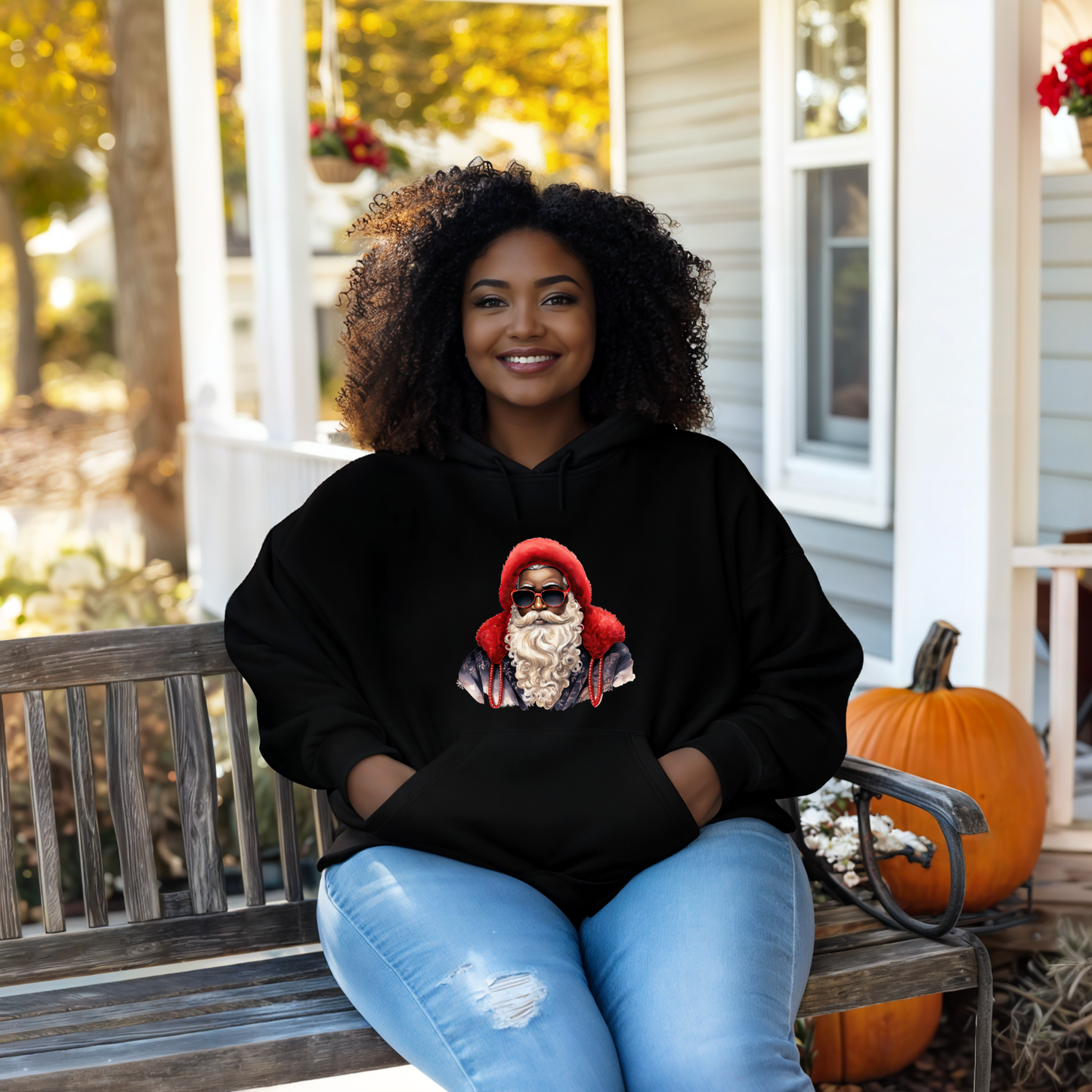 Adult Red Hat Sunglasses Black Santa Hoodie