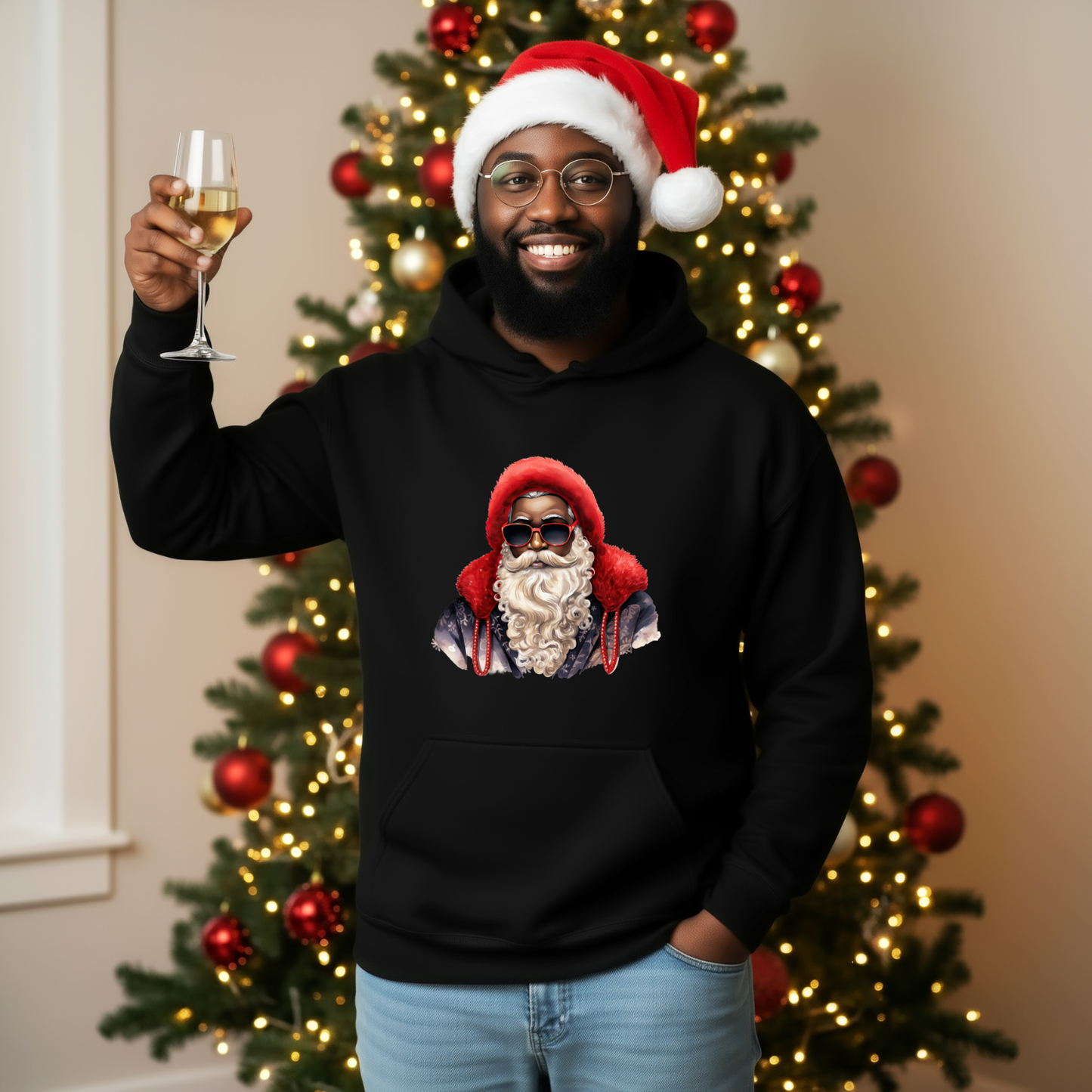 Adult Red Hat Sunglasses Black Santa Hoodie