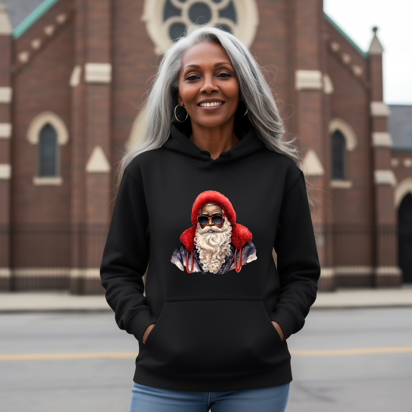 Adult Red Hat Sunglasses Black Santa Hoodie