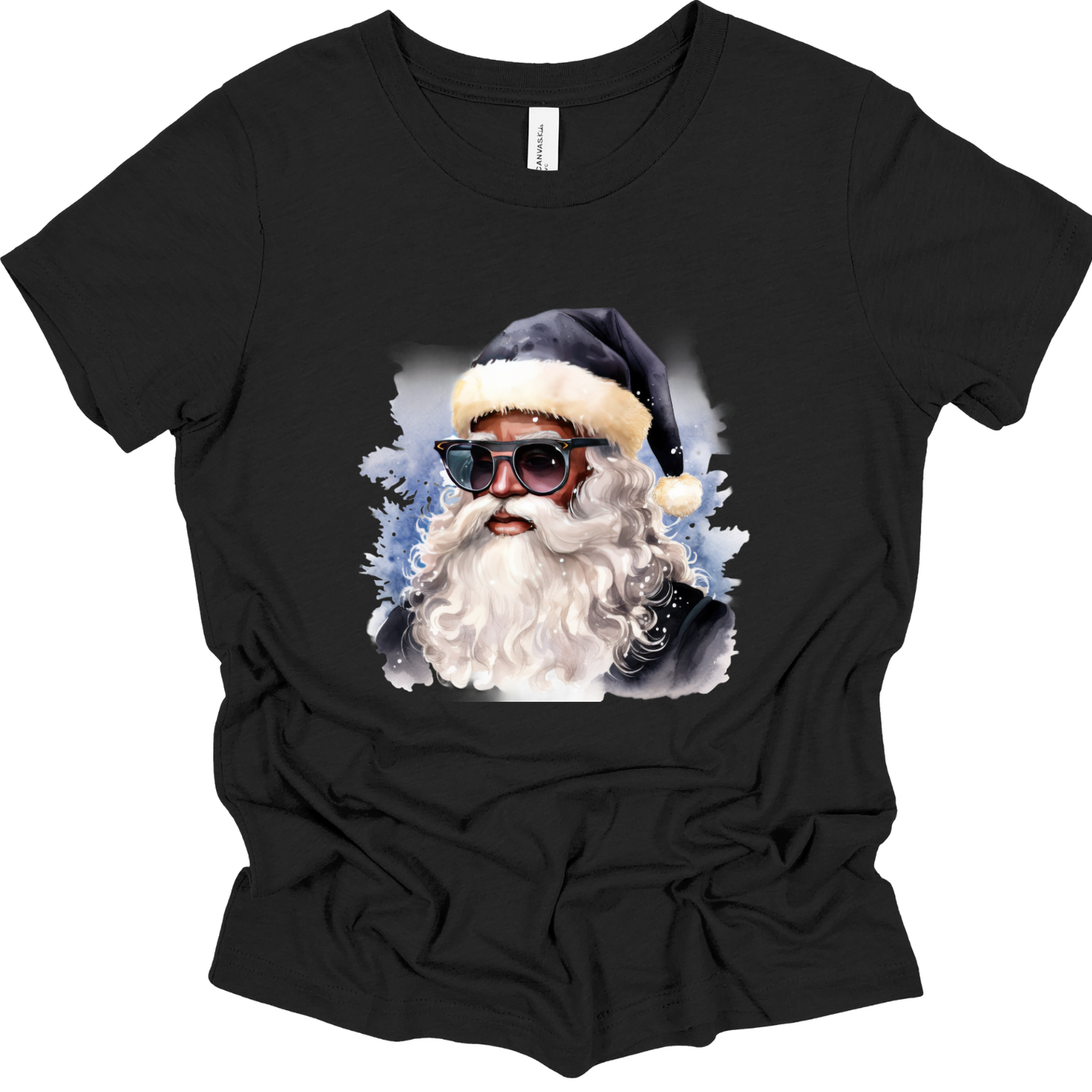 Youth Blue Hat Sunglasses Black Santa T-Shirt