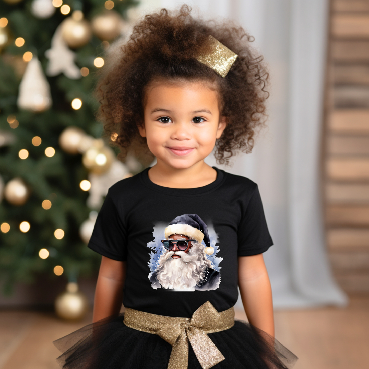 Youth Blue Hat Sunglasses Black Santa T-Shirt