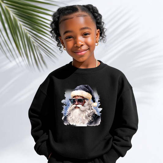 Youth Blue Hat Sunglasses Black Santa Crewneck Sweatshirt