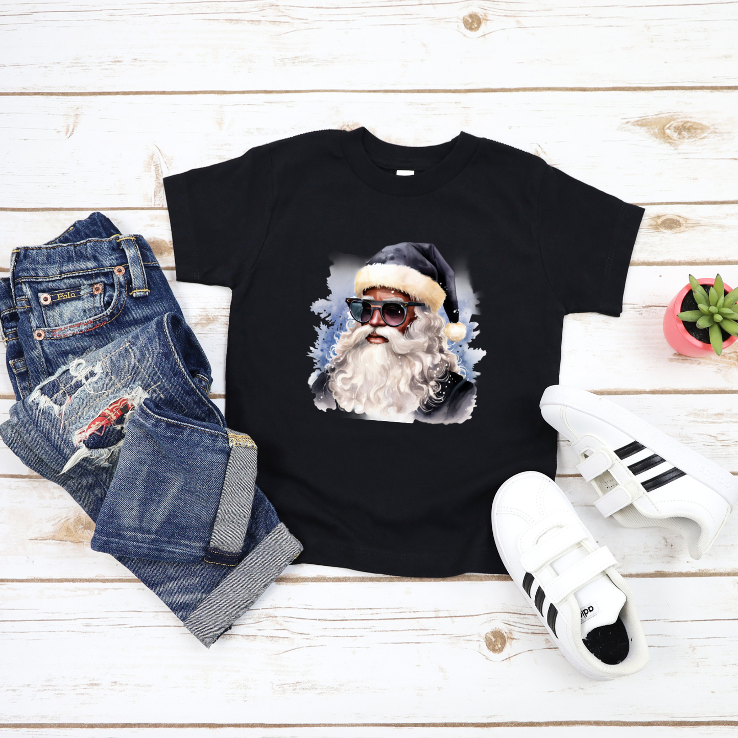Youth Blue Hat Sunglasses Black Santa T-Shirt