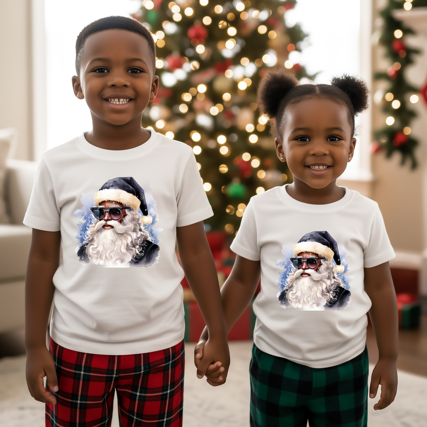 Youth Blue Hat Sunglasses Black Santa T-Shirt