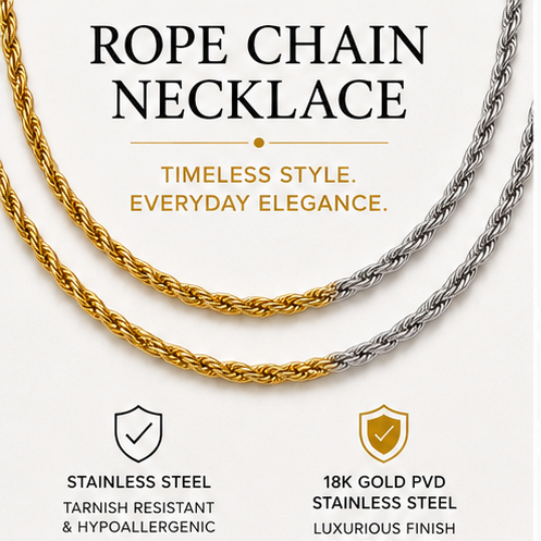 Two rope chain necklaces displayed on a clean white background, one in yellow gold and one in silver, with promotional text reading 'ROPE CHAIN NECKLACE' and feature callouts for stainless steel and 18K gold PVD.