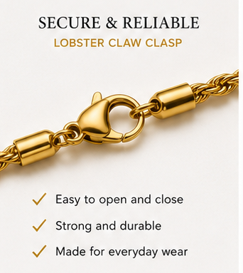 Gold lobster claw clasp close-up on a chain bracelet with promotional text reading 'Secure & Reliable Lobster Claw Clasp' and feature bullet points below on a light beige background.