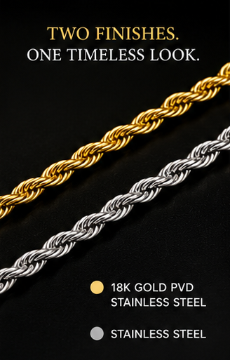 A promotional product graphic showing two twisted rope-style chains on a black background: one gold-toned chain and one silver-toned chain. Text at the top reads 'TWO FINISHES.