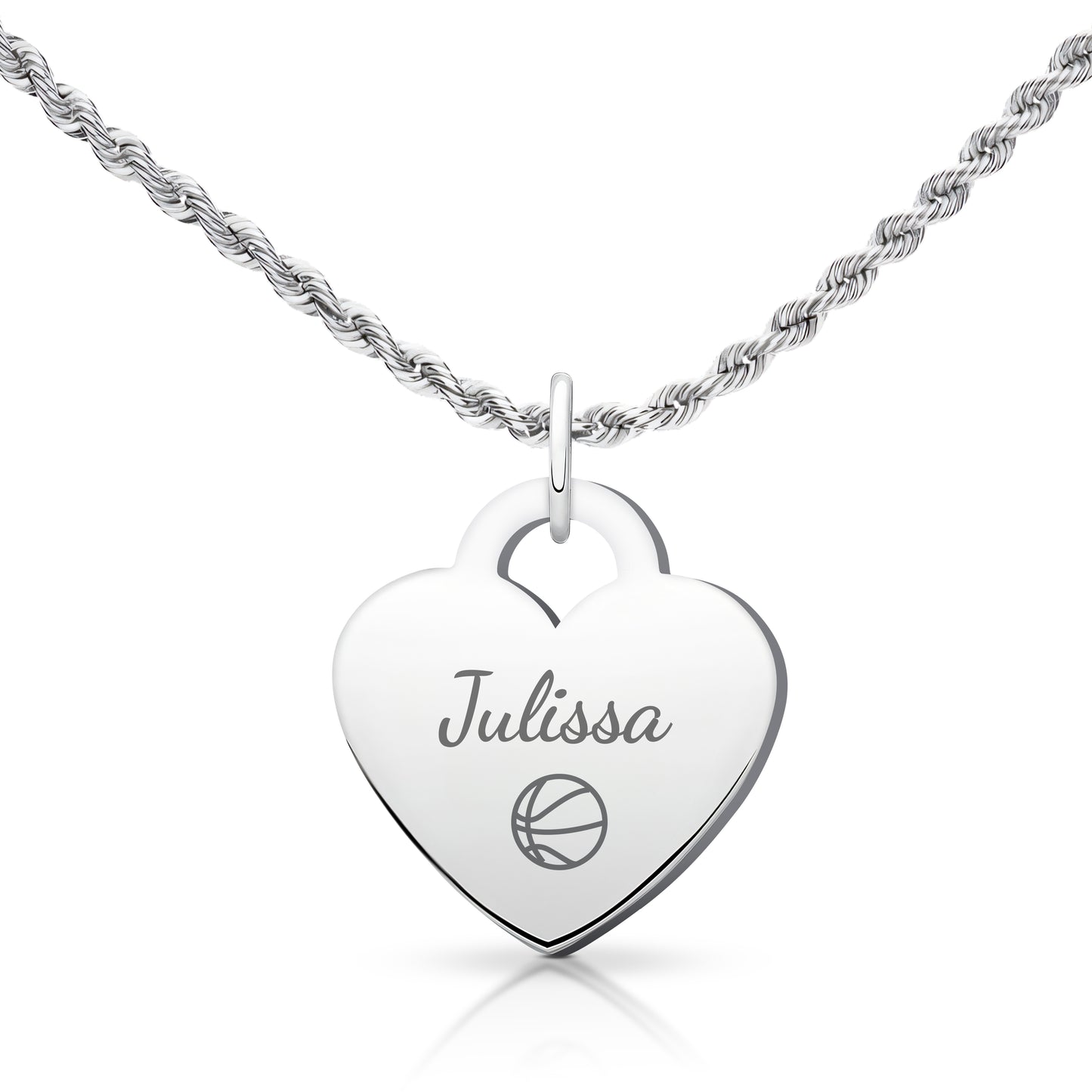 Basketball - Personalized Silver Rope Heart Shaped Basketball Necklace