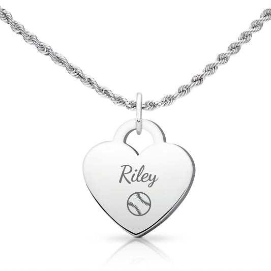 Softball - Personalized Silver Softball Rope Heart Necklace