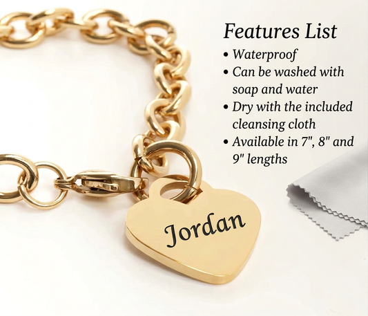 18K Gold PVD Personalized Stainless Steel Heart Bracelet — 7", 8", or 9"