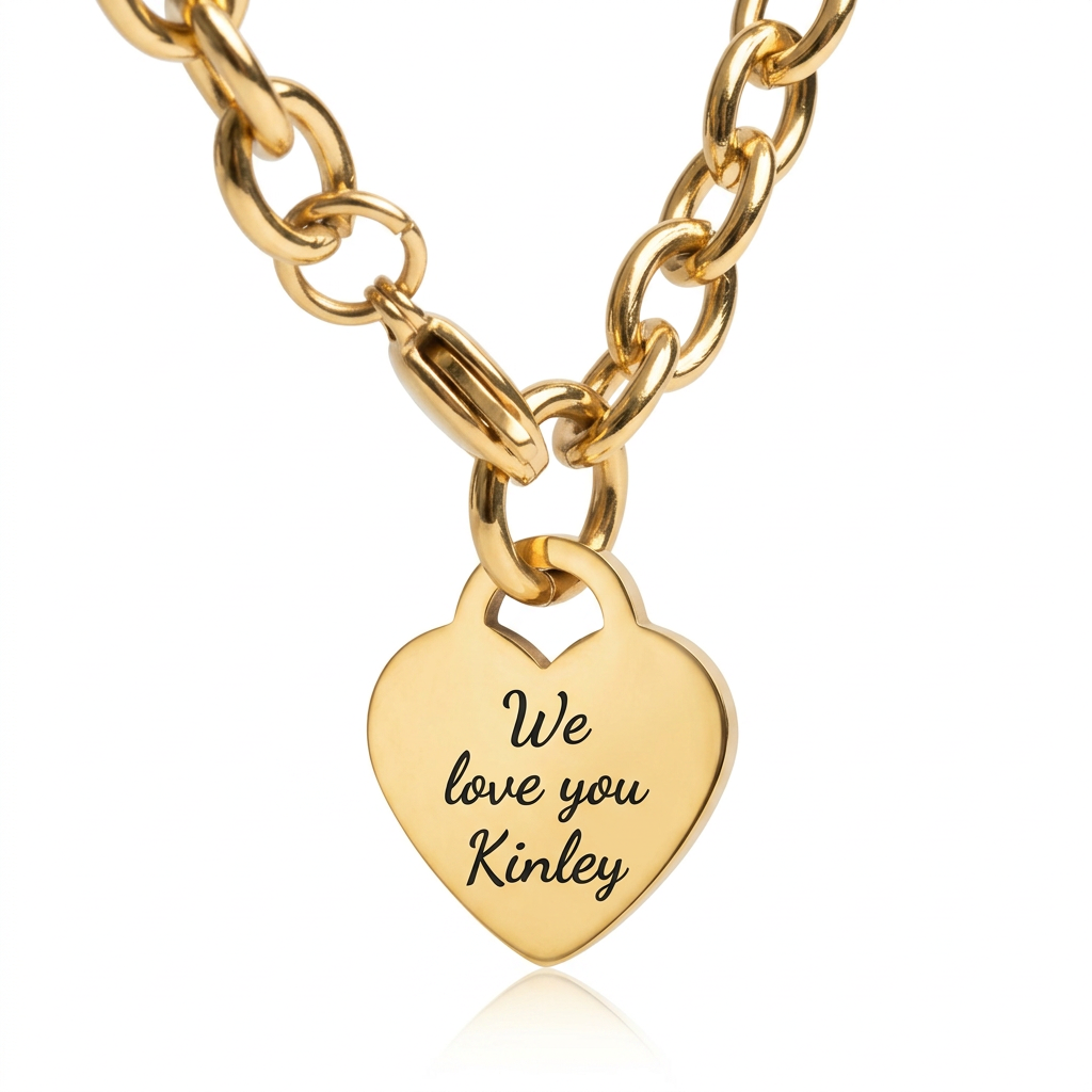 18K Gold PVD Personalized Stainless Steel Heart Bracelet — 7", 8", or 9"