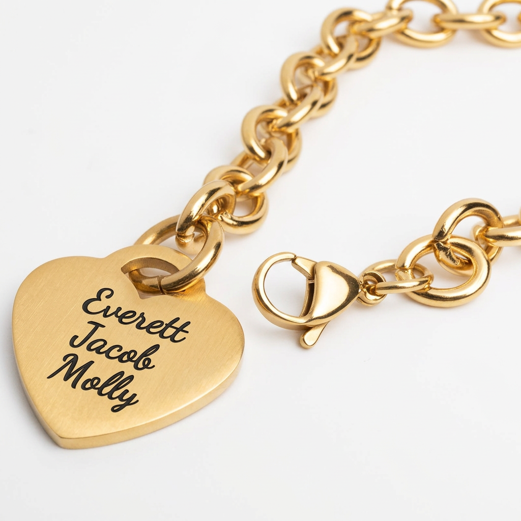 18K Gold PVD Personalized Stainless Steel Heart Bracelet — 7", 8", or 9"