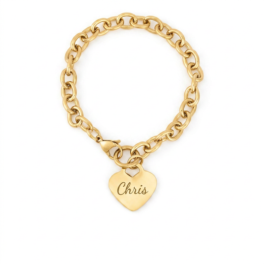 18K Gold PVD Personalized Stainless Steel Heart Bracelet — 7", 8", or 9"