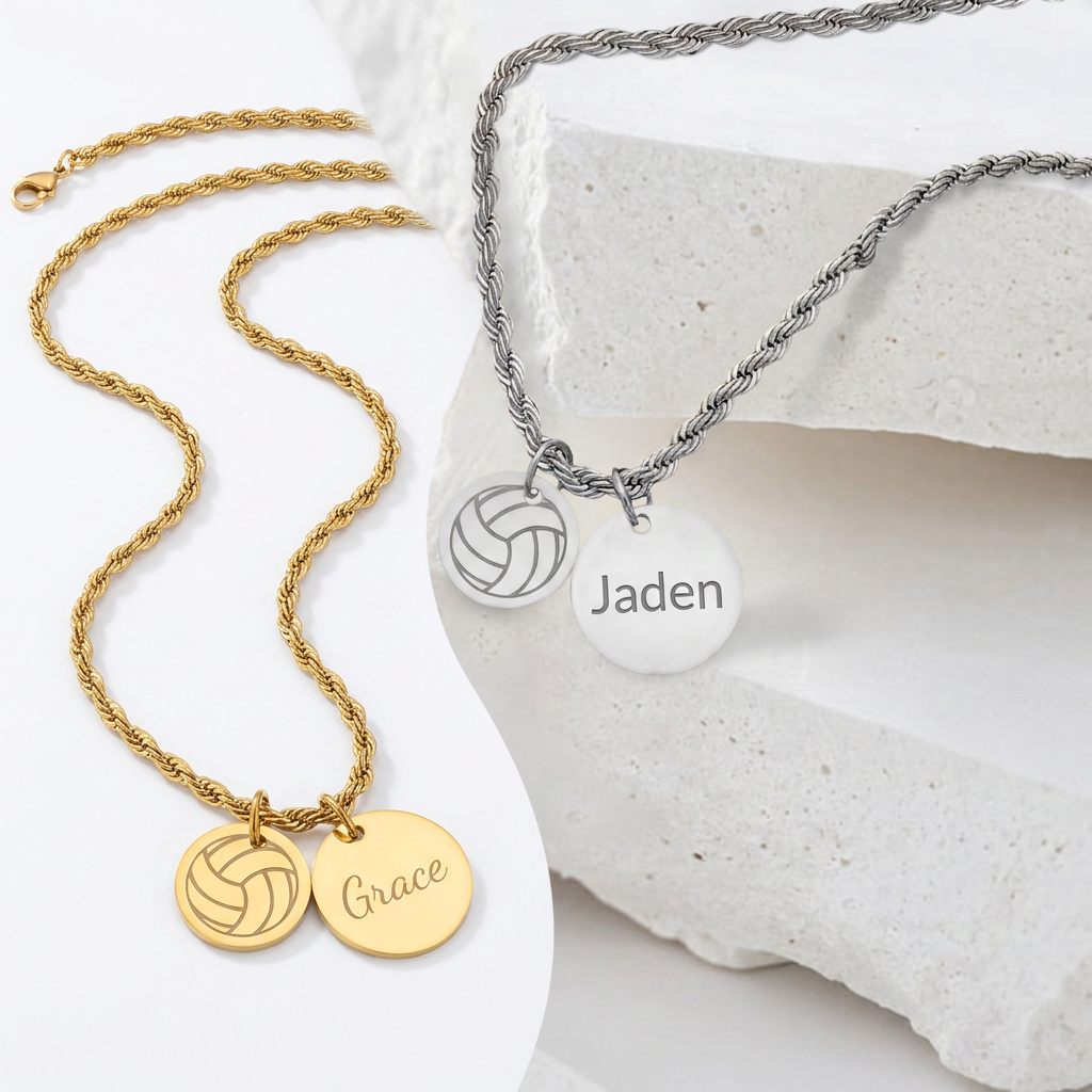 Personalized Two-Charm Volleyball Necklace | Stainless Steel & 18K Gold PVD