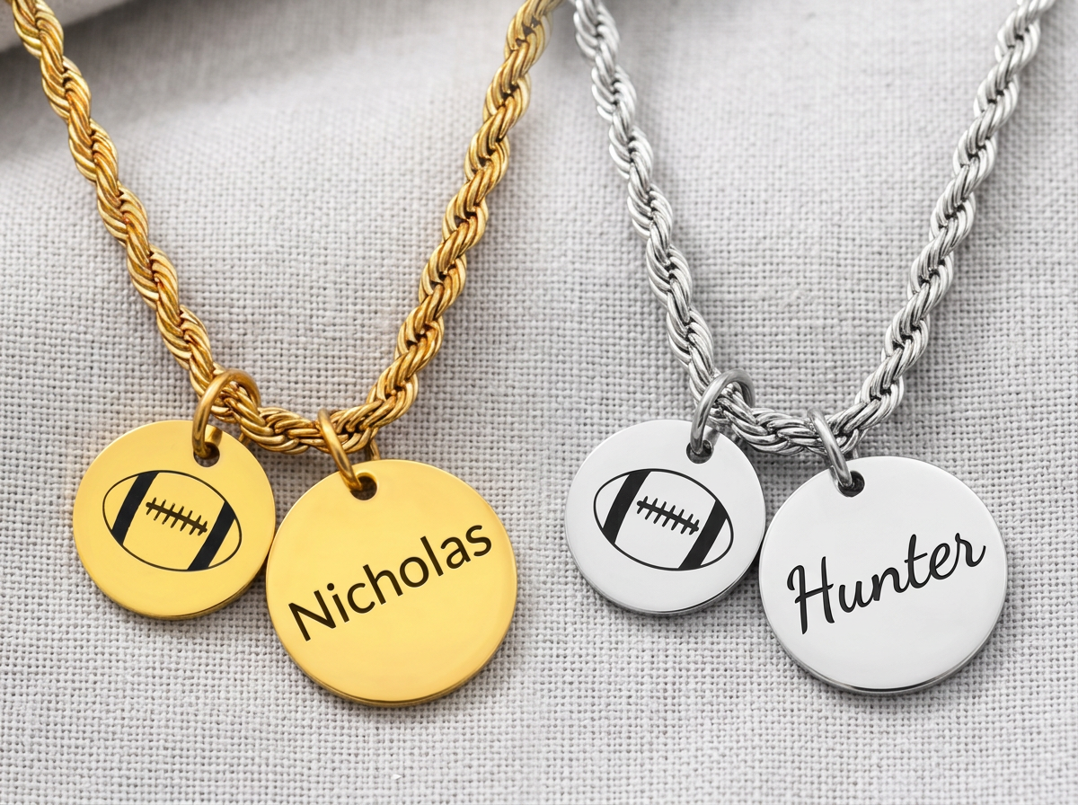 Personalized Two-Charm Football Necklace | Stainless Steel & 18K Gold PVD