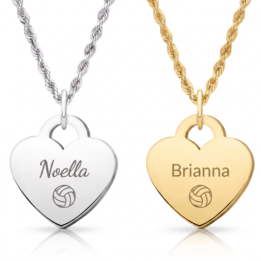Personalized Heart Volleyball Rope Chain Necklace | Gold & Silver Stainless Steel
