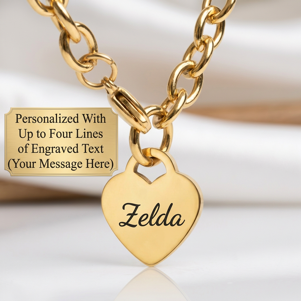 18K Gold PVD Personalized Stainless Steel Heart Bracelet — 7", 8", or 9"