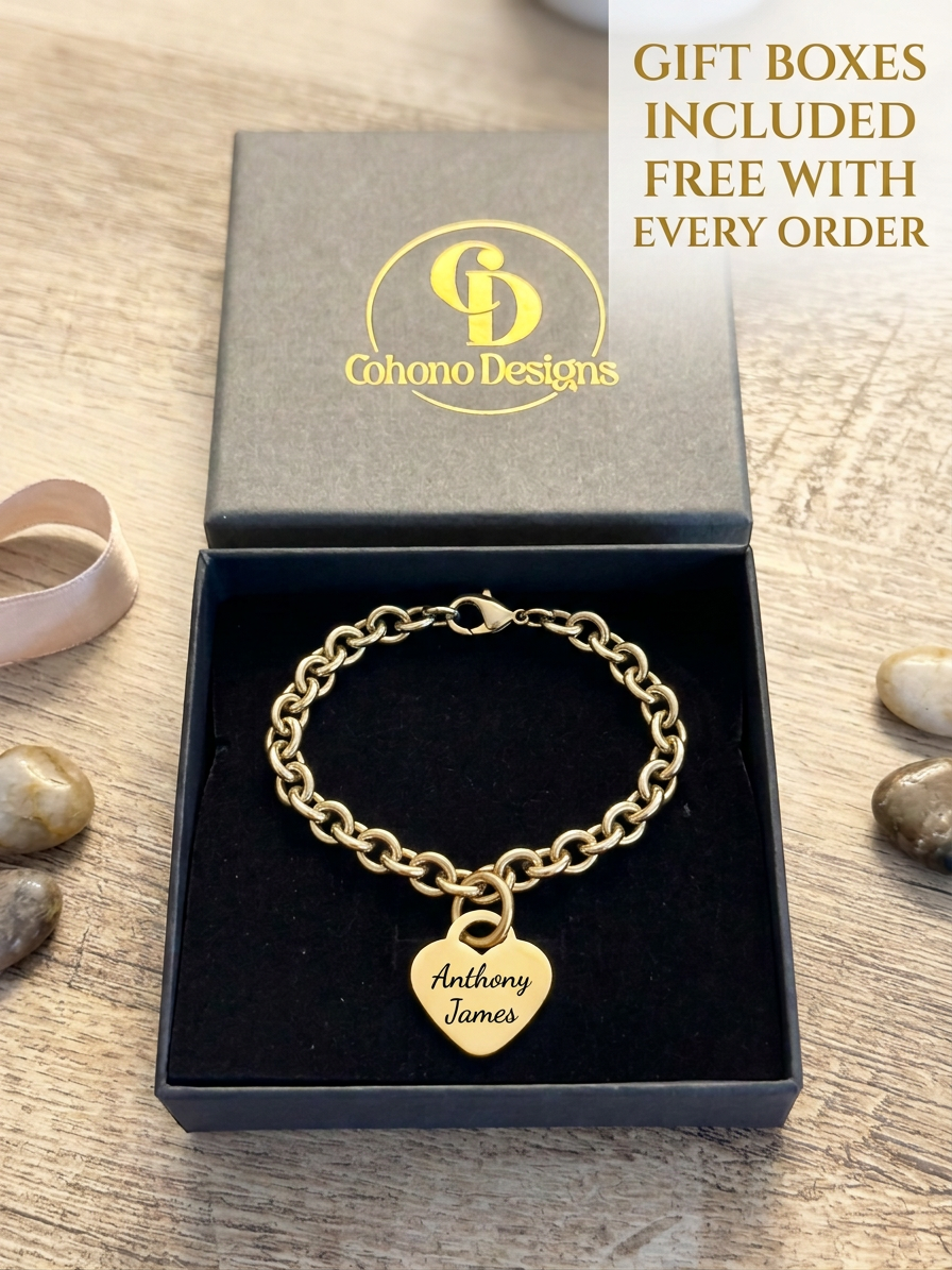 18K Gold PVD Personalized Stainless Steel Heart Bracelet — 7", 8", or 9"