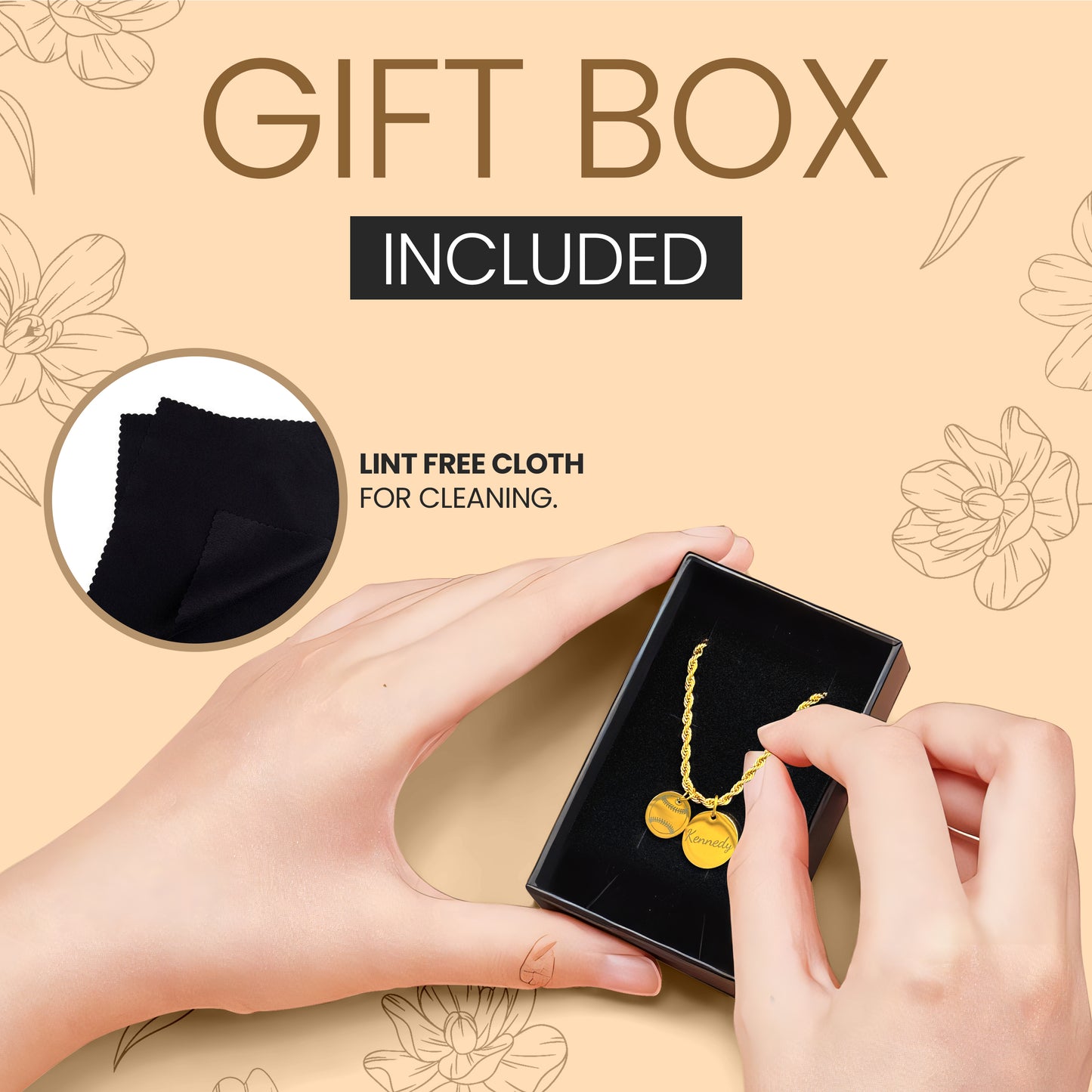 Image of two charm Softball Necklace In a gift box, with letting indicating Gift Box and Lint Free Cloths are included with necklace purchase. 