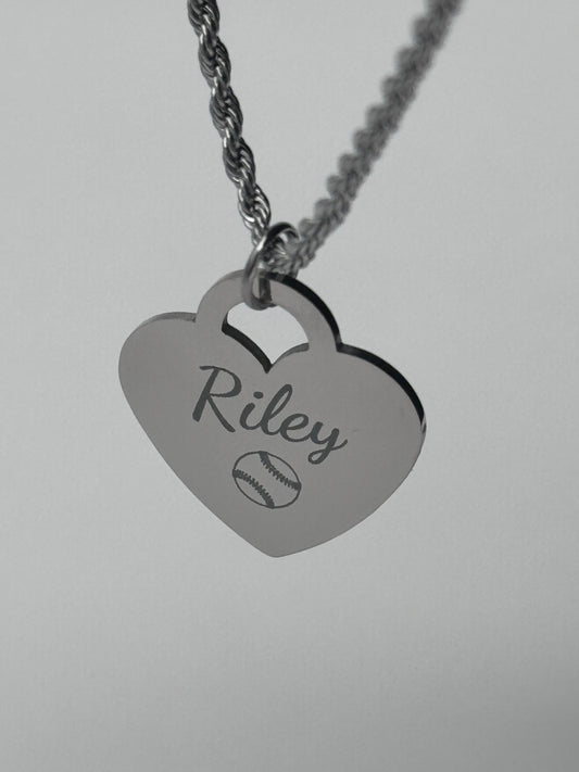 Personalized Silver Softball Rope Heart Necklace