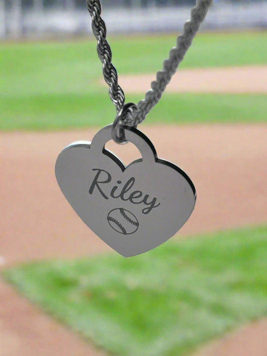 Personalized Silver Softball Rope Heart Necklace