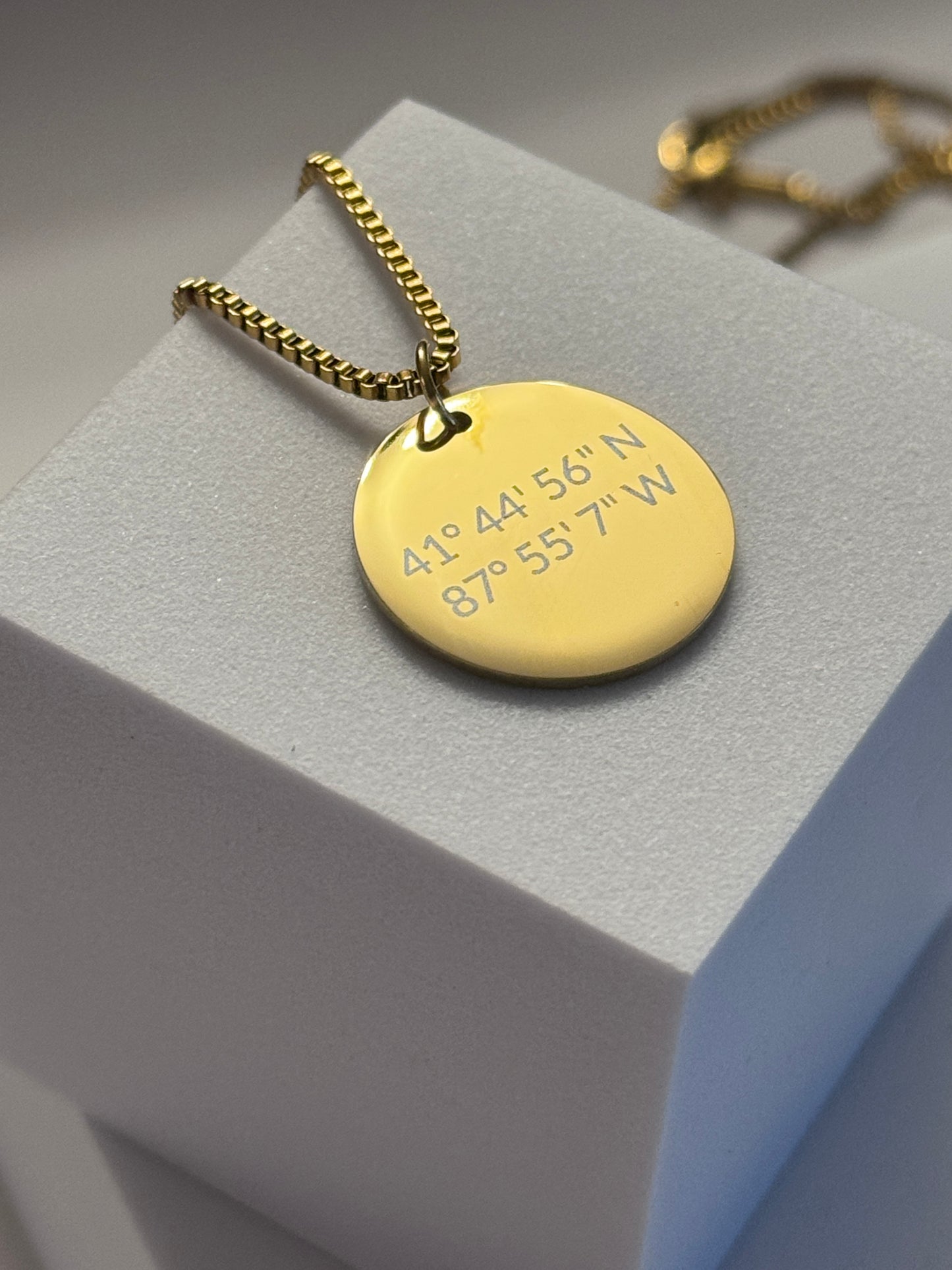 Personalized Location Box Chain Coin Necklace