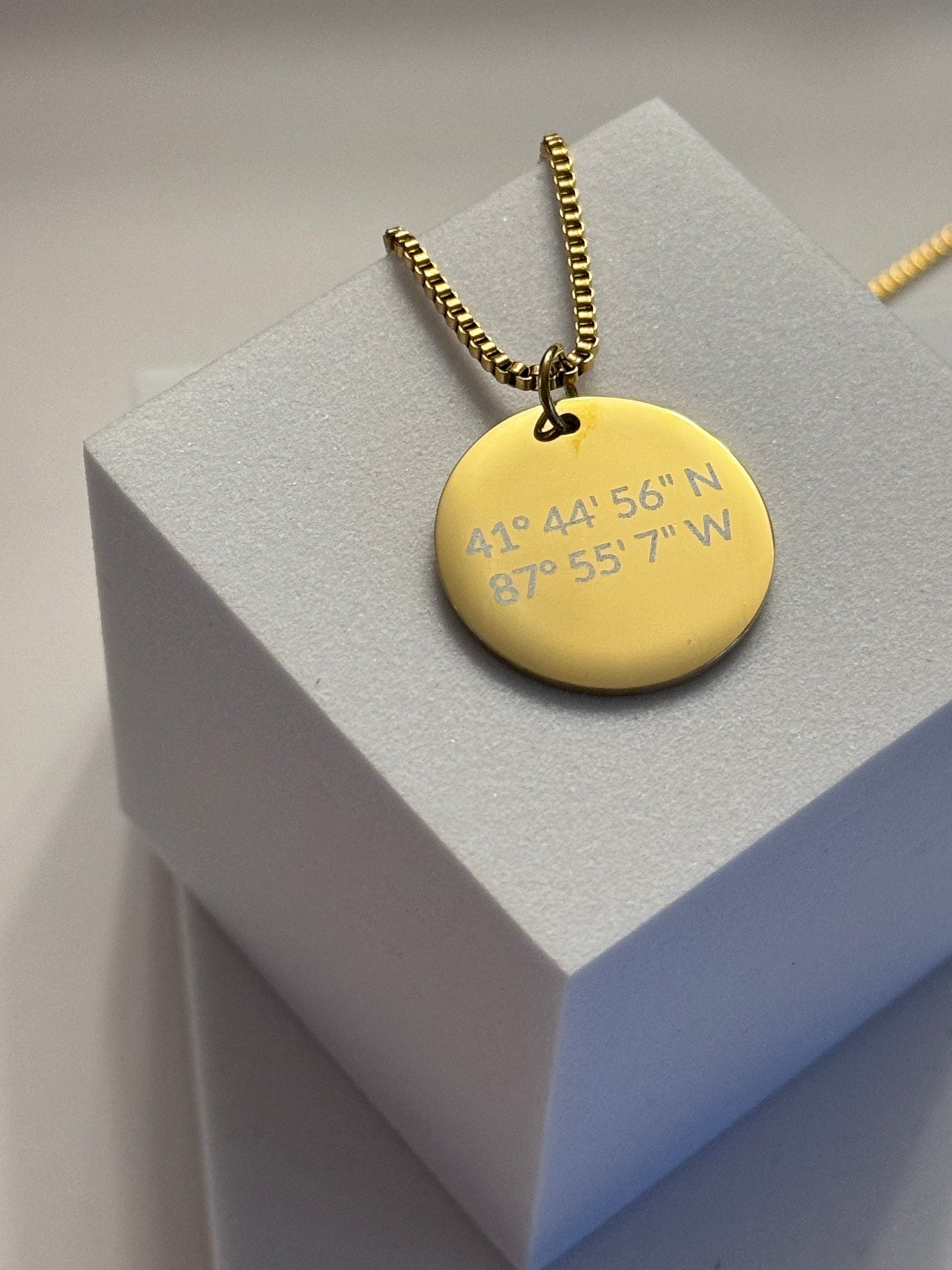 Personalized Location Box Chain Coin Necklace