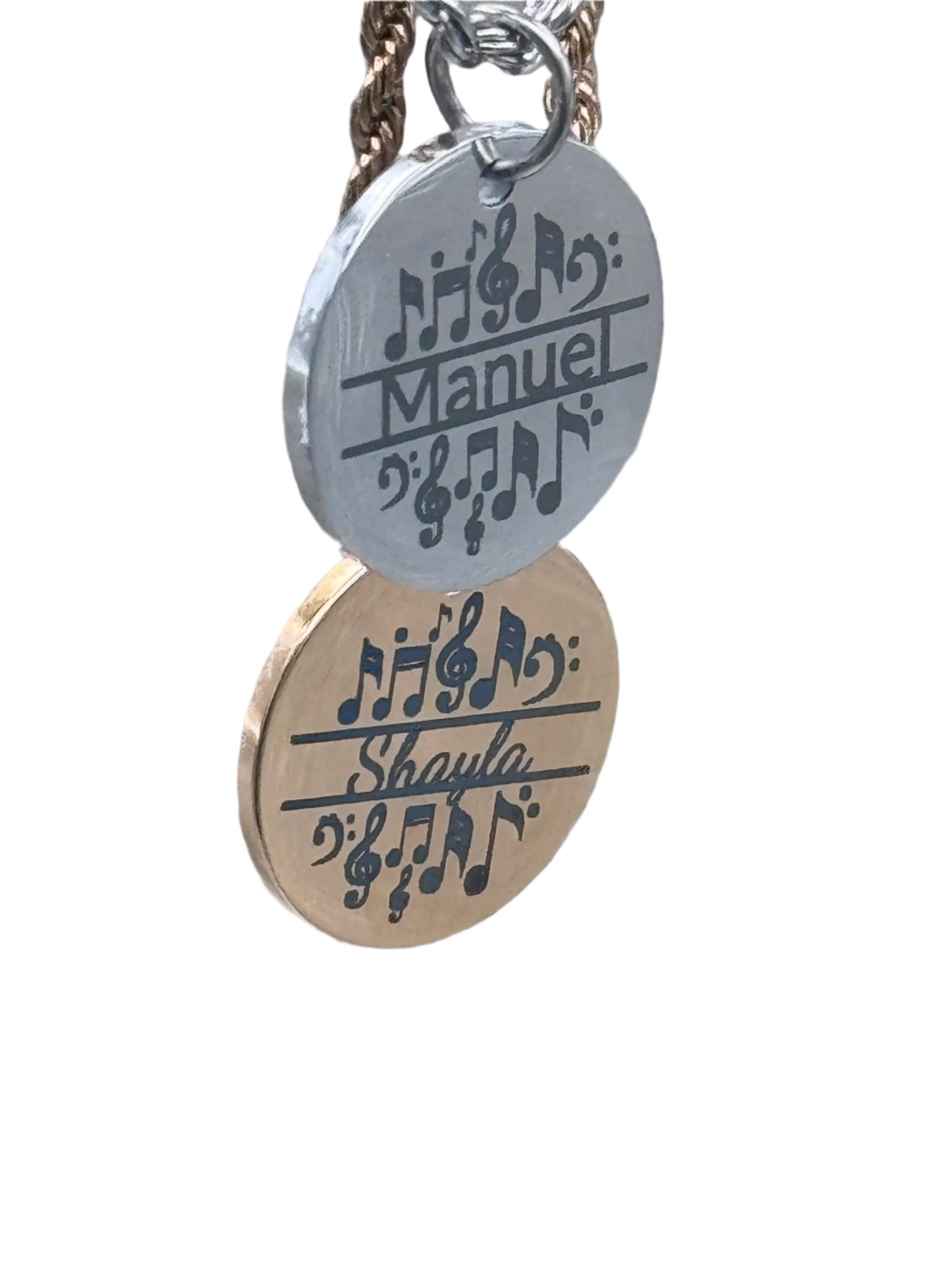 Gold and Silver Colored Pendants featuring musical artwork and a name up to 10 characters