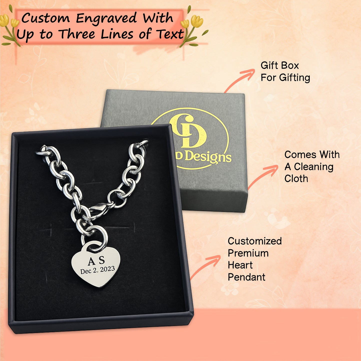 Personalized Stainless Steel Heart Necklace - 16, 18, and 20 inch lengths available